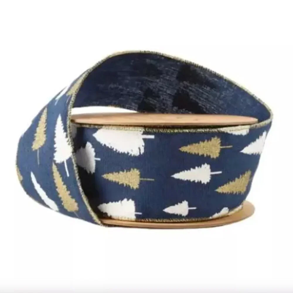 Navy Blue With Gold Stamping and White Printing Christmas Tree Design Ribbon